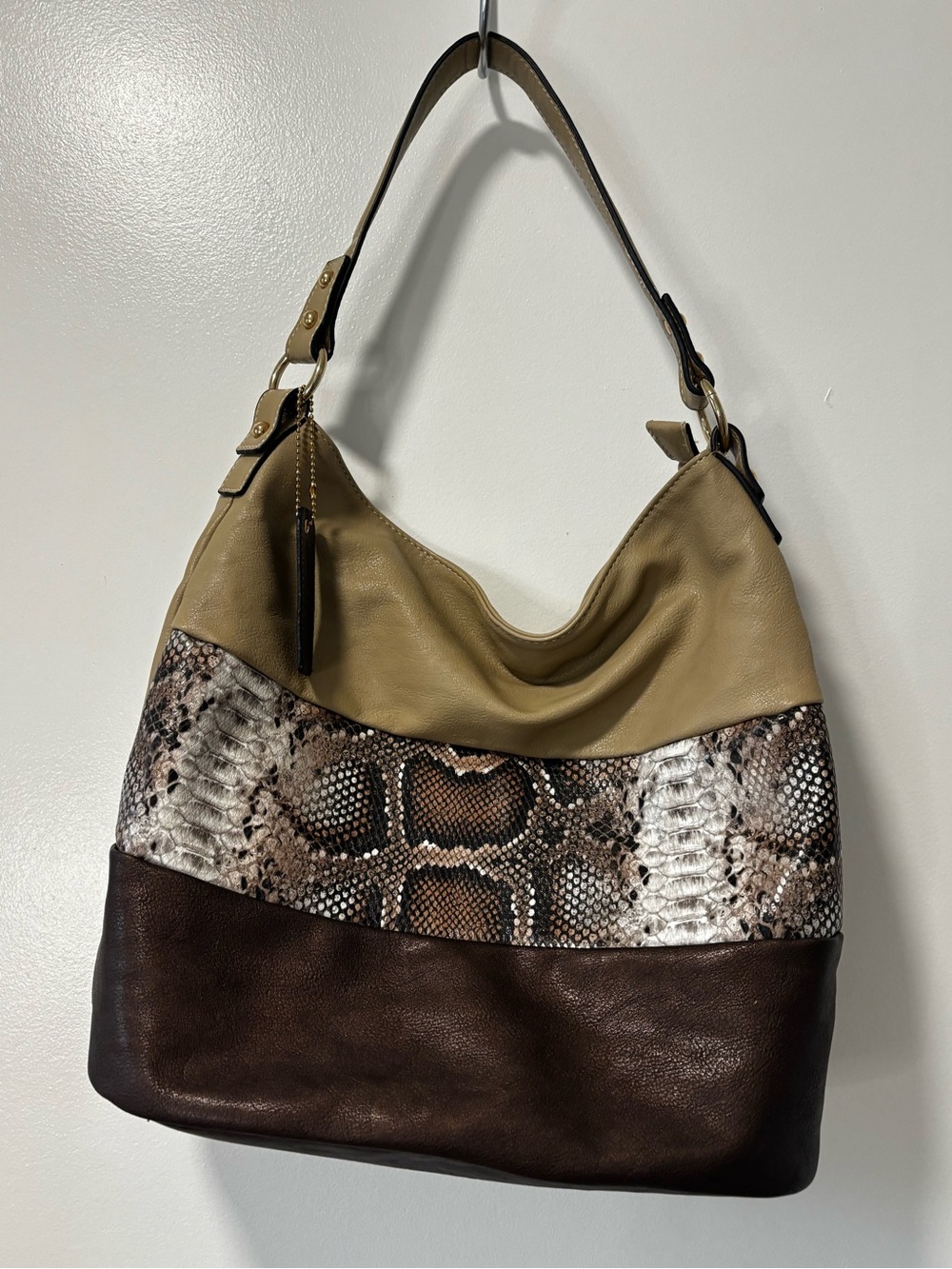 Peter Nygard Tri-Panel Hobo in Taupe, Snake Print & Dark Brown Shoulder Bag